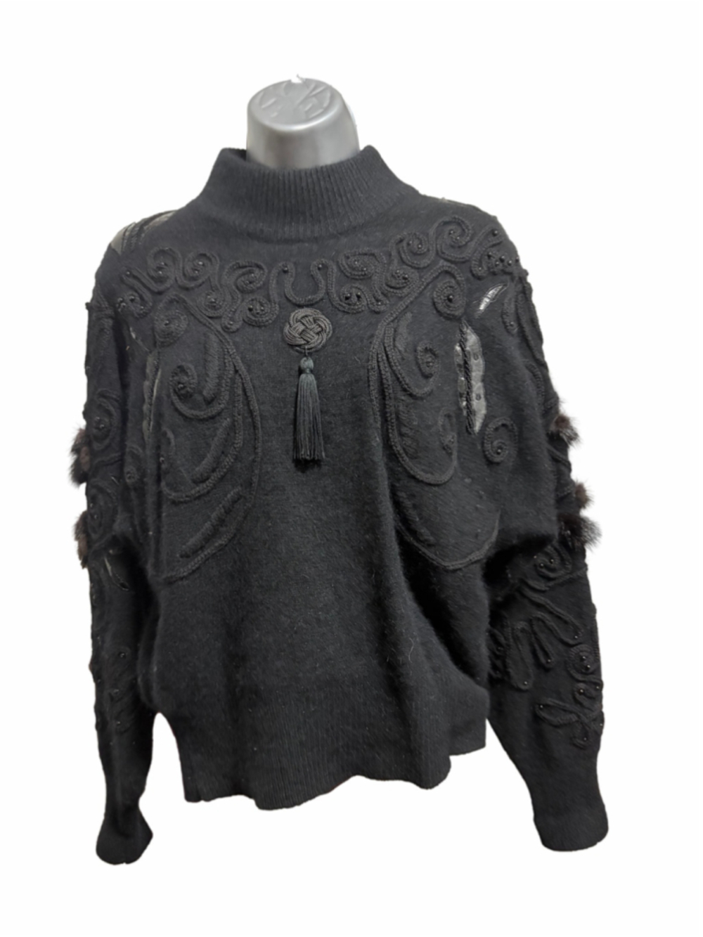 Erez Vintage Sweater Womens Small Black Avant Garde Fur Snakeskin Leather Beaded